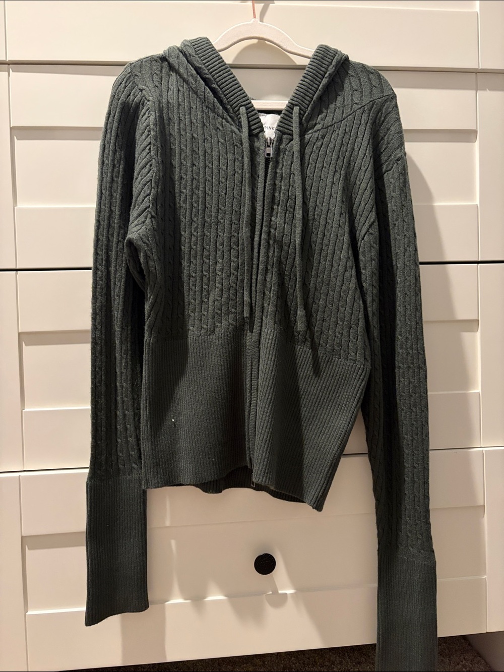 Pink Rose Women's Hooded Zip Cable-Knit Sweater - Olive Green